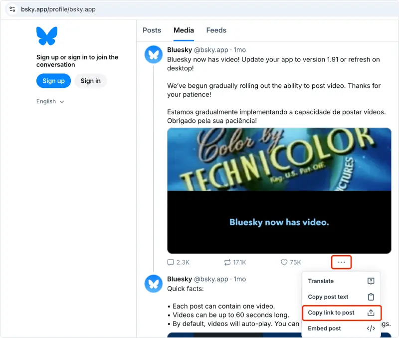 Copy Bluesky post link using menu